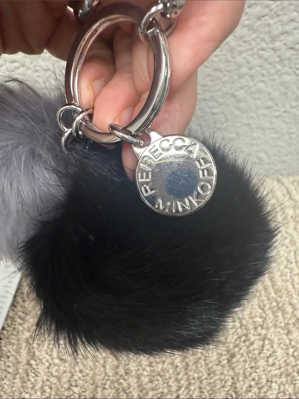 Rebecca Minkoff Black & Gray Fur Pom Pom Keychain